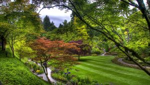 Preview wallpaper trees, green, lawn, garden, path, from above, strips