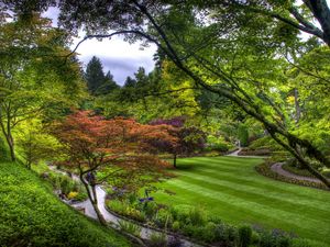 Preview wallpaper trees, green, lawn, garden, path, from above, strips