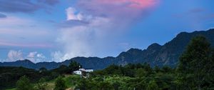 Preview wallpaper trees, hills, grass, mountains, sky, clouds, landscape