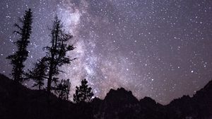 Preview wallpaper trees, hills, silhouettes, milky way, night