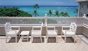 Preview wallpaper trees, house, interior, sea, nature, table, chair, chairs, terrace