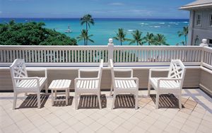 Preview wallpaper trees, house, interior, sea, nature, table, chair, chairs, terrace