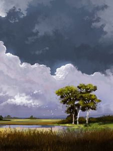 Preview wallpaper trees, lake, birds, art