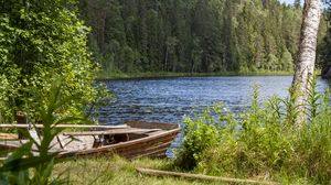 Preview wallpaper trees, lake, boat, nature, landscape