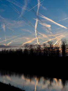 Preview wallpaper trees, lake, dusk, reflection, sky