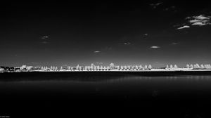 Preview wallpaper trees, lake, embankment, bw