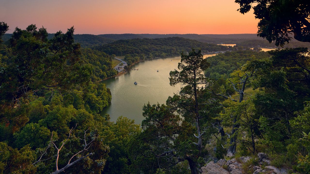 Wallpaper trees, lake, mountains, height, from above, look, decline, evening, orange, stony, snags