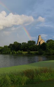 Preview wallpaper trees, lake, rainbow, nature, landscape