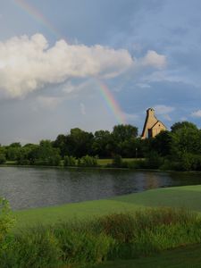 Preview wallpaper trees, lake, rainbow, nature, landscape