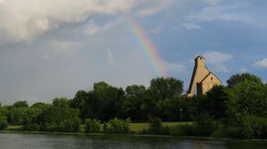 Preview wallpaper trees, lake, rainbow, nature, landscape