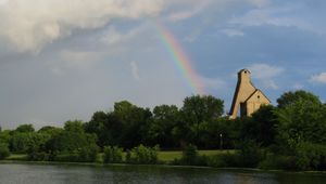 Preview wallpaper trees, lake, rainbow, nature, landscape