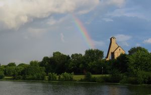 Preview wallpaper trees, lake, rainbow, nature, landscape