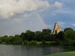 Preview wallpaper trees, lake, rainbow, nature, landscape