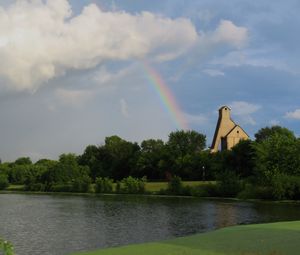 Preview wallpaper trees, lake, rainbow, nature, landscape