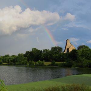 Preview wallpaper trees, lake, rainbow, nature, landscape