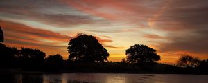 Preview wallpaper trees, lake, reflection, evening, sunset