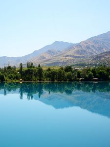 Preview wallpaper trees, lake, reflection, mountains