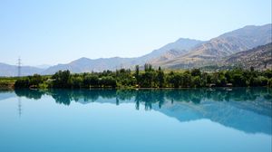 Preview wallpaper trees, lake, reflection, mountains