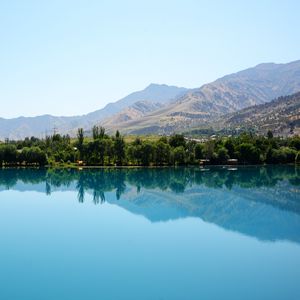 Preview wallpaper trees, lake, reflection, mountains