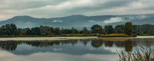 Preview wallpaper trees, lake, reflection, grass, clouds