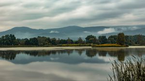 Preview wallpaper trees, lake, reflection, grass, clouds