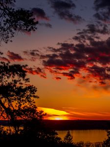 Preview wallpaper trees, lake, sunset, clouds, sky, evening