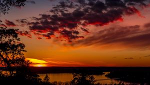 Preview wallpaper trees, lake, sunset, clouds, sky, evening