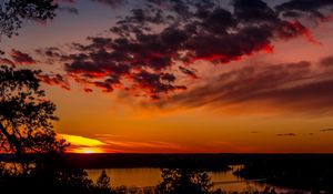 Preview wallpaper trees, lake, sunset, clouds, sky, evening