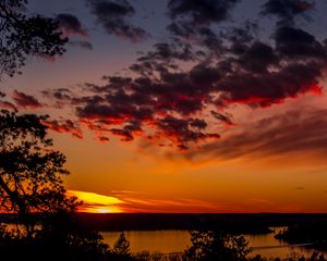 Preview wallpaper trees, lake, sunset, clouds, sky, evening