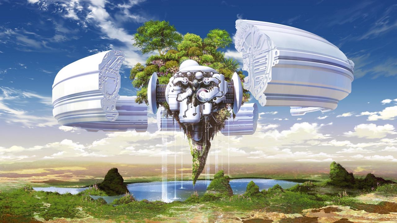 Wallpaper trees, land, piece, weightlessness, mechanism, sky, water