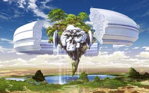 Preview wallpaper trees, land, piece, weightlessness, mechanism, sky, water