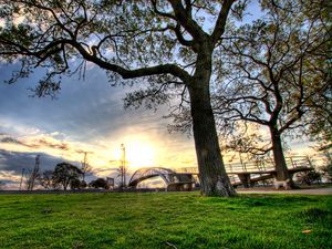 Preview wallpaper trees, landscapes, grass, city, hdr