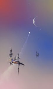 Preview wallpaper trees, levitation, spaceship, moon