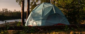 Preview wallpaper trees, log, nature, tent, sky, light