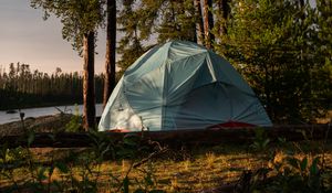 Preview wallpaper trees, log, nature, tent, sky, light