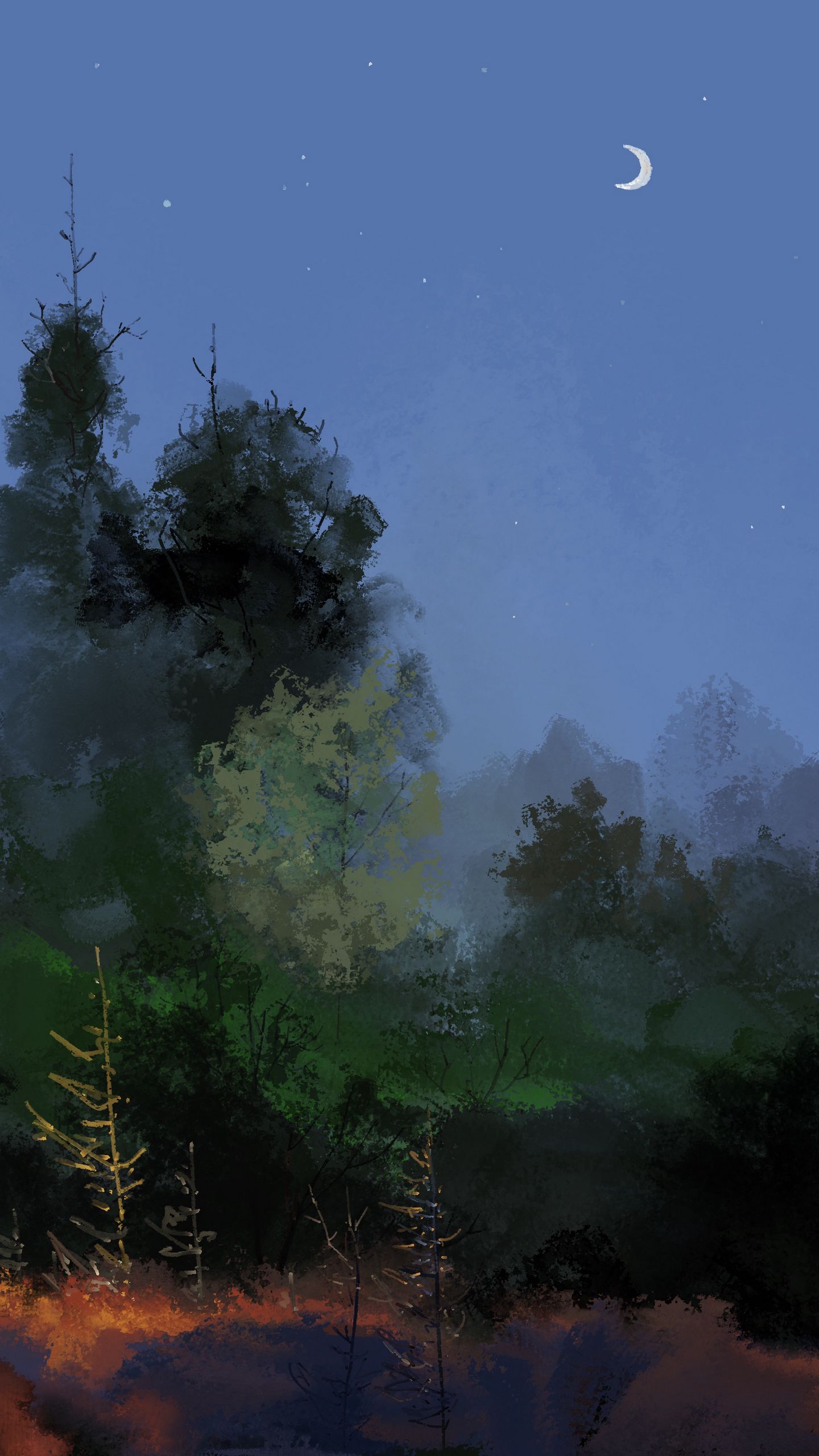 1440x2560 Wallpaper trees, moon, art, night