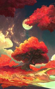 Preview wallpaper trees, moon, autumn, nature, art