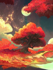 Preview wallpaper trees, moon, autumn, nature, art