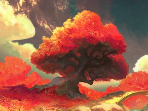 Preview wallpaper trees, moon, autumn, nature, art