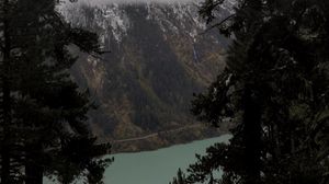 Preview wallpaper trees, mountain, snow, lake, path