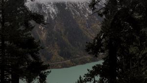 Preview wallpaper trees, mountain, snow, lake, path