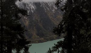 Preview wallpaper trees, mountain, snow, lake, path