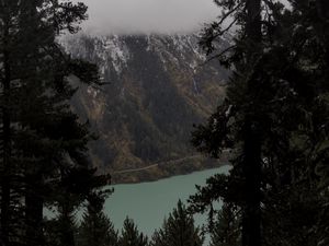 Preview wallpaper trees, mountain, snow, lake, path