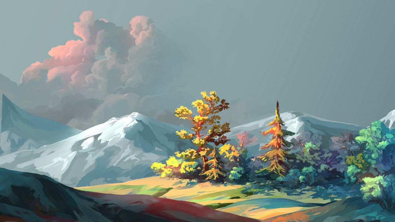 Wallpaper trees, mountains, art, forest, sky