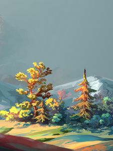 Preview wallpaper trees, mountains, art, forest, sky