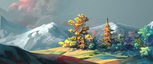 Preview wallpaper trees, mountains, art, forest, sky