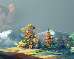 Preview wallpaper trees, mountains, art, forest, sky