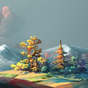 Preview wallpaper trees, mountains, art, forest, sky