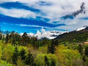 Preview wallpaper trees, mountains, clouds, snow, nature, landscape
