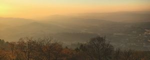 Preview wallpaper trees, mountains, fog, view, landscape